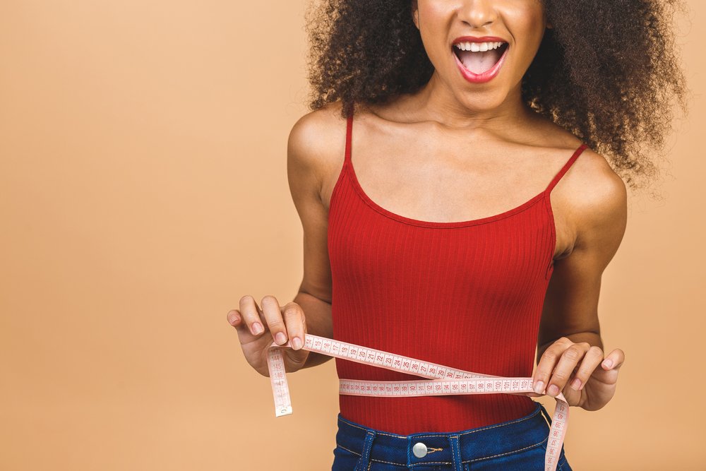 Easy Weight Loss Quick Weight Loss Successful Weight Loss Dieting,Concept.,Slim,Shocked,Amazed,African,American,Woman,Shows,Centimeter